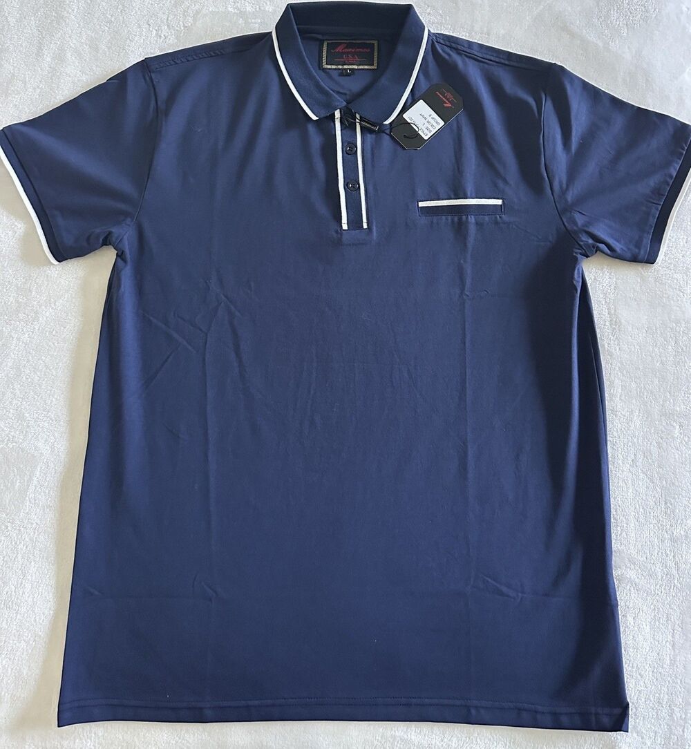 NEW Maximos USA Mens Polo Shirt Large Navy Blue White Striped Tipped Collar NWT